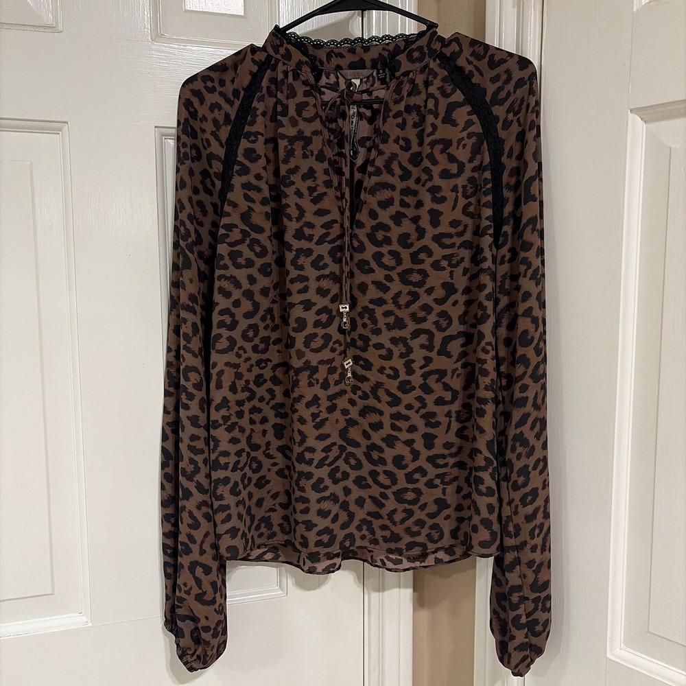 Guess Womens Leopard Print Lace Trim Blouse Brown S Gold Logo Charms W5BH74